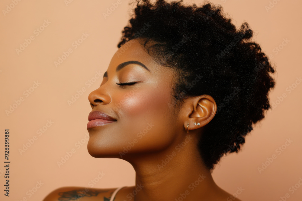 A close up of a tattooed black woman's face with her eyes closed A close up of a tattooed black woman's face with her eyes closed