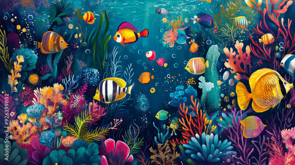 Naklejka premium Dive into a vibrant underwater realm teeming with colorful fish, quirky creatures, and swaying plants. --ar 16:9 --v 6.1 Job ID: 3be7e1ac-5a3e-4f36-857c-22c4c915f1f3