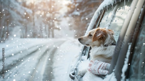 Dog travel by car in winter