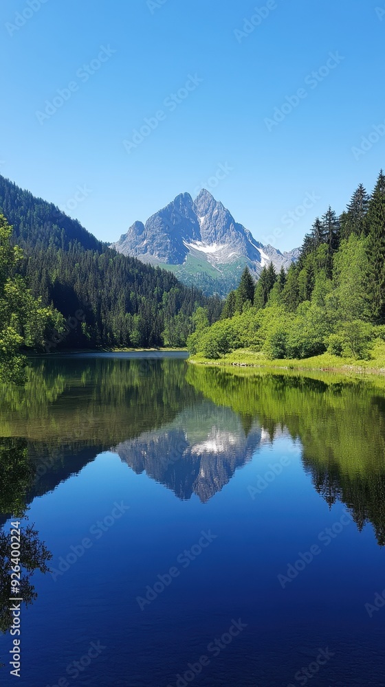A stunning mountain reflects perfectly in a calm lake surrounded by lush greenery and pine trees A stunning mountain reflects perfectly in a calm lake surrounded by lush greenery and pine trees