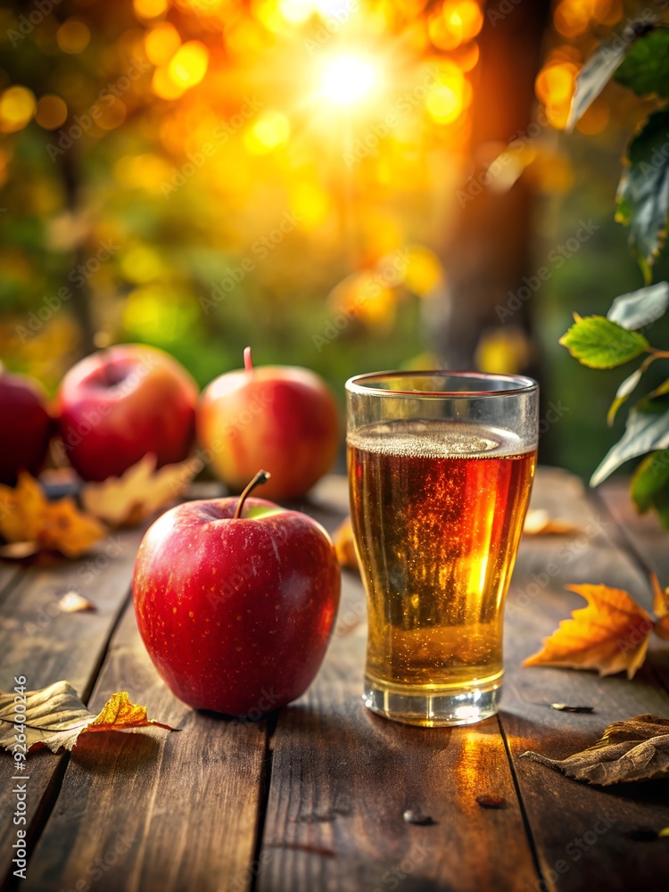 Glass of apple cider with fresh apples on a wooden table in an autumn garden setting Glass of apple cider with fresh apples on a wooden table in an autumn garden setting
