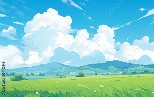 Summer Fields and Mountain Vistas: A Lush Green Landscape Under Blue Skies and White Clouds in a Flat Design Cartoon Style, storybook illustrations, comic strips, book illustrations and picture books