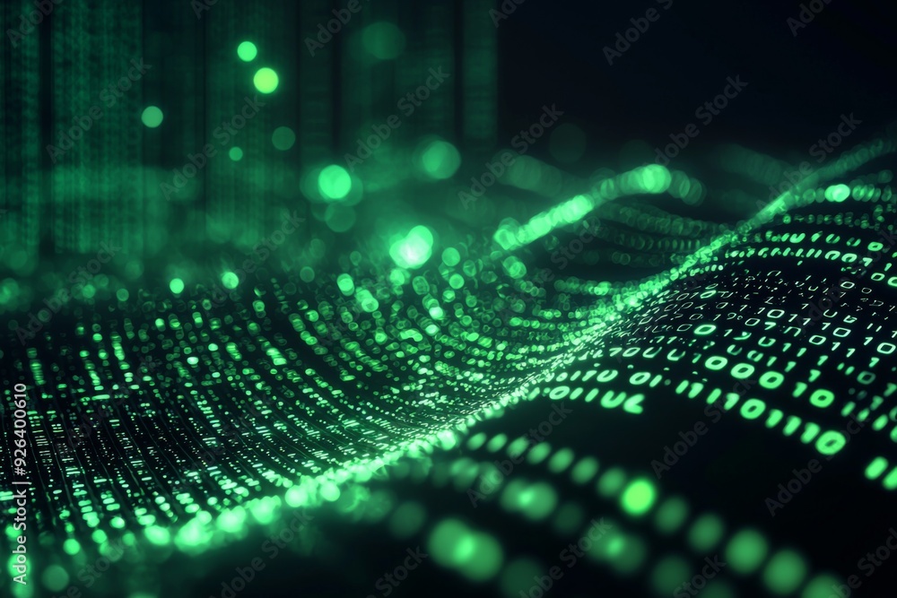 Green Dark Binary Code with Data Streaming Background created with Generative AI Green Dark Binary Code with Data Streaming Background created with Generative AI