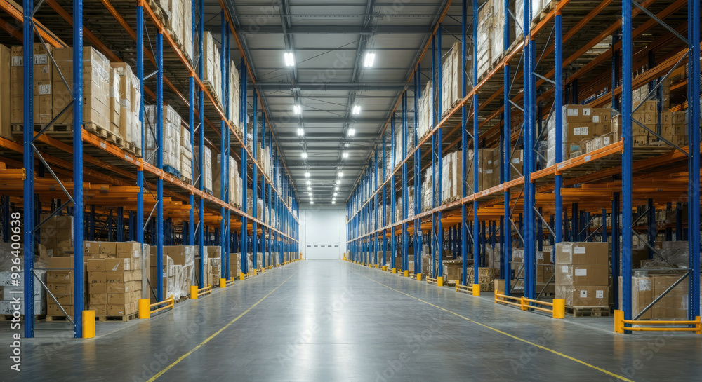 Huge distribution warehouse with high shelves. logistics depot. Huge distribution warehouse with high shelves. logistics depot.