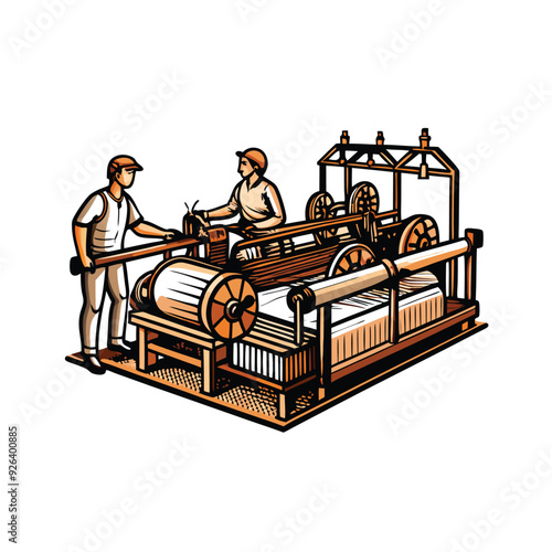 A vector illustration of a textile factory with two workers operating machinery.