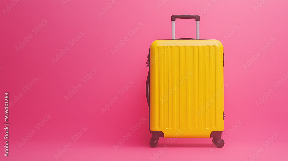 One new yellow suitcase on pink background, space for text. Generative AI illustration One new yellow suitcase on pink background, space for text. Generative AI illustration