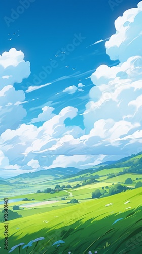 Summer Fields and Mountain Vistas: A Lush Green Landscape Under Blue Skies and White Clouds in a Flat Design Cartoon Style, storybook illustrations, comic strips, book illustrations and picture books