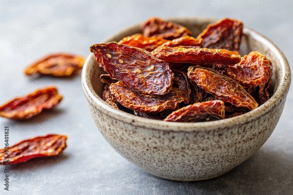 A bowl of dried tomatoes captured on a grey background showcasing their rich texture and color A bowl of dried tomatoes captured on a grey background showcasing their rich texture and color