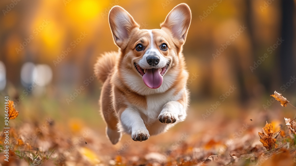 A cute Corgi dog running and jumping in an autumn forest park A cute Corgi dog running and jumping in an autumn forest park