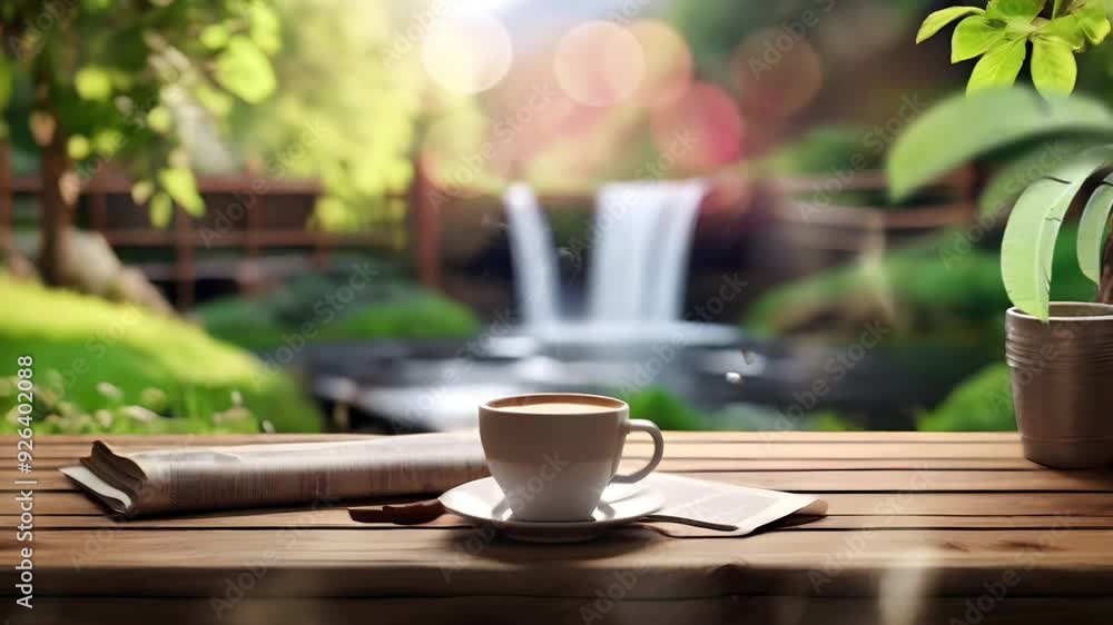 A cup of coffee and newspaper on the table with a natural waterfall background with bokeh effect. Seamless 4K looping timelapse video animation background A cup of coffee and newspaper on the table with a natural waterfall background with bokeh effect. Seamless 4K looping timelapse video animation background