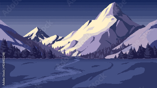 Pixel art mountain background at night. Horizontal seamless nature vector illustration.