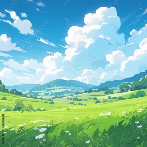 Summer Fields and Mountain Vistas: A Lush Green Landscape Under Blue Skies and White Clouds in a Flat Design Cartoon Style, storybook illustrations, comic strips, book illustrations and picture books