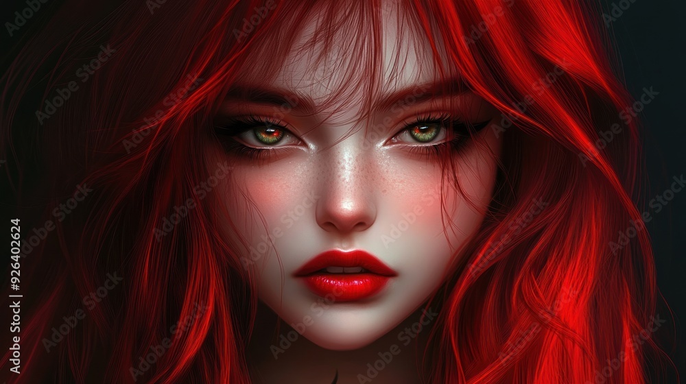 Face girl anime character 3D beautiful with red lips, red hair background wallpaper AI generated image Face girl anime character 3D beautiful with red lips, red hair background wallpaper AI generated image