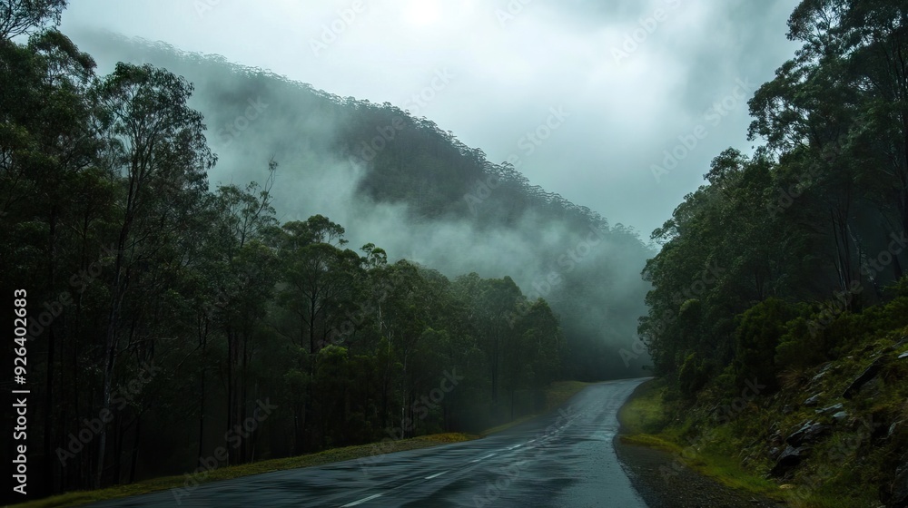 Foggy Winding Mountain Road with Peaks Shrouded in Mist and Dense Forest Along the Path. AI generated illustration