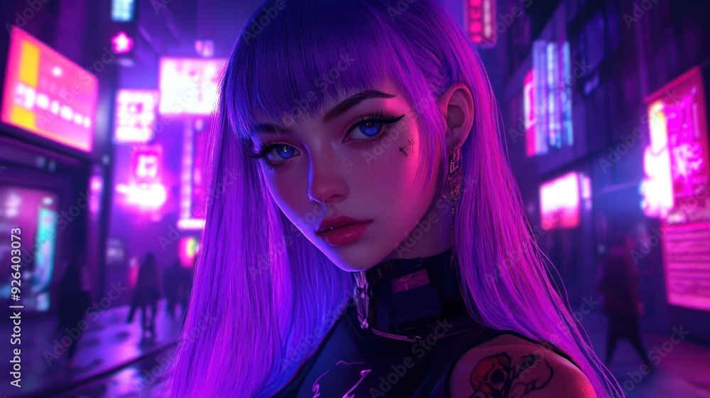 Anime young girl character face close up glowing hair modern neon cyberpunk background wallpaper AI generated image Anime young girl character face close up glowing hair modern neon cyberpunk background wallpaper AI generated image