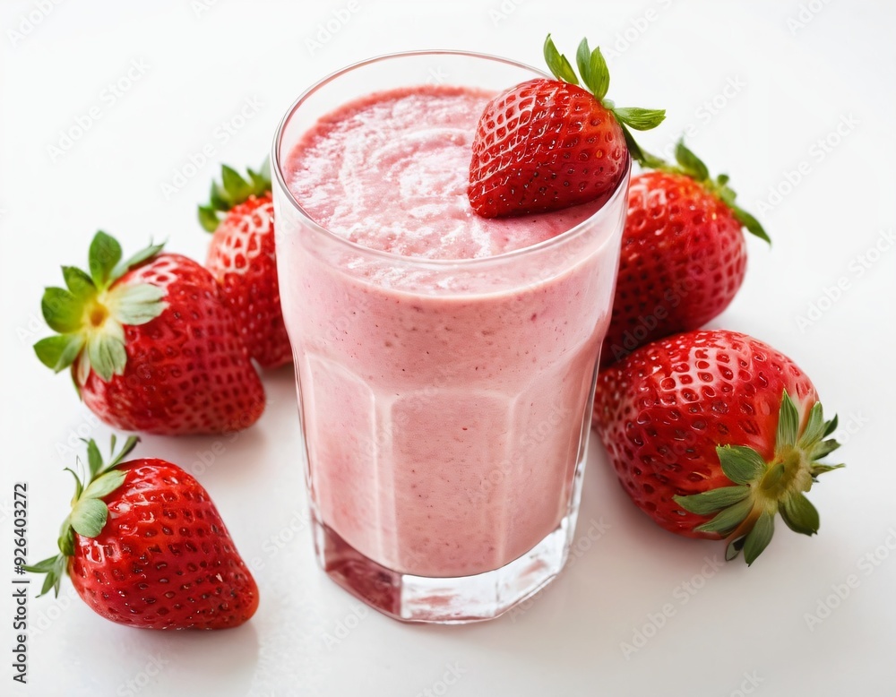 Delicious strawberry smoothie with fresh ripe strawberries on white background. Ai generated image. Delicious strawberry smoothie with fresh ripe strawberries on white background. Ai generated image.