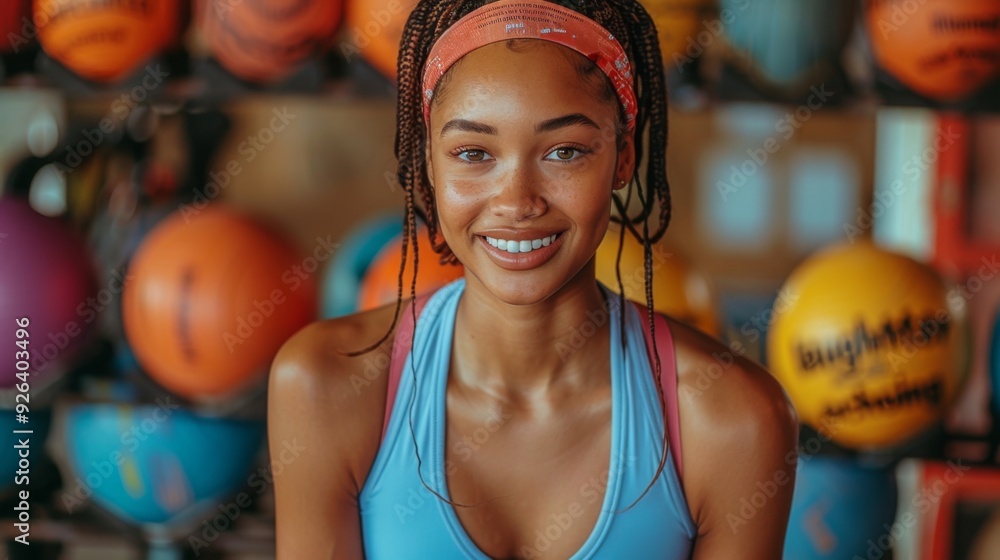 Fototapeta premium With a smile illuminating her face, a determined young woman dressed in sportswear enjoys a light-hearted moment with