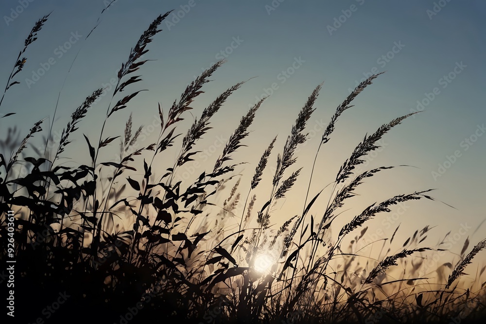 Obraz premium Silhouetted grass stalks against a warm sunset sky.