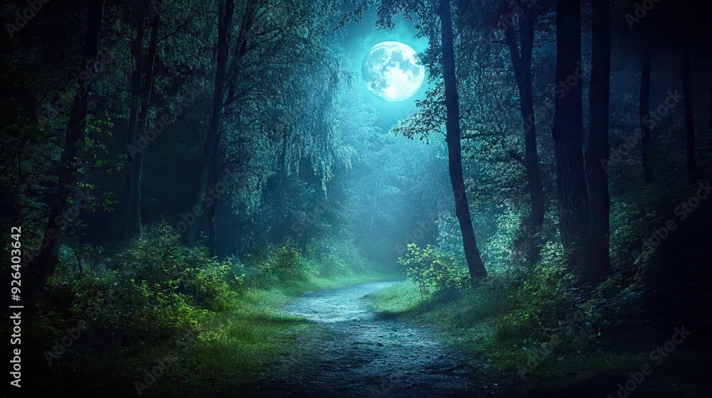 Moonlit Path Through a Dense Forest with Tall Trees and Patches of Moonlight Illuminating the Way. AI generated illustration Moonlit Path Through a Dense Forest with Tall Trees and Patches of Moonlight Illuminating the Way. AI generated illustration