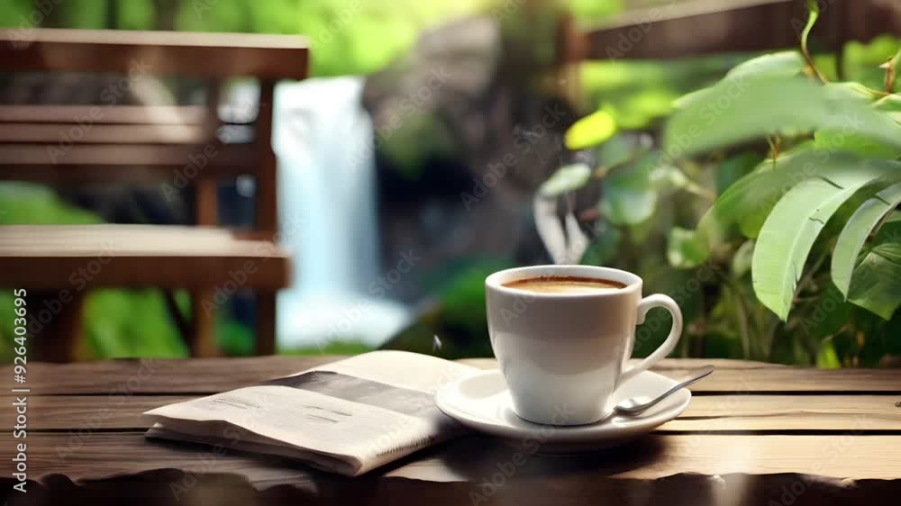 A cup of coffee and newspaper on the table with a natural waterfall background with bokeh effect. Seamless 4K looping timelapse video animation background A cup of coffee and newspaper on the table with a natural waterfall background with bokeh effect. Seamless 4K looping timelapse video animation background
