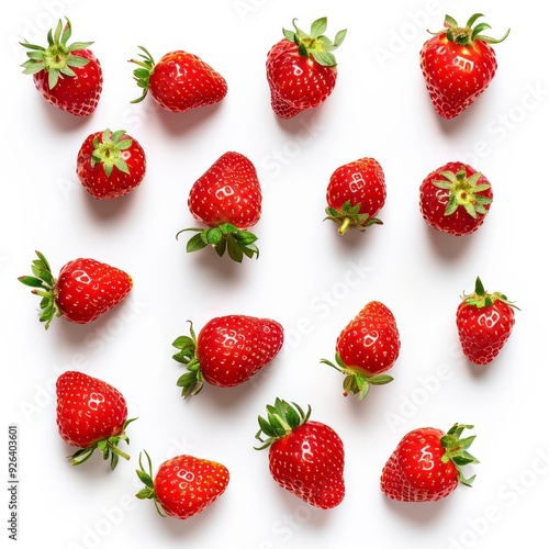 red strawberries are beautifully arranged, showcasing their juicy texture and vibrant color against a pristine white background, inviting a fresh, delicious experience.