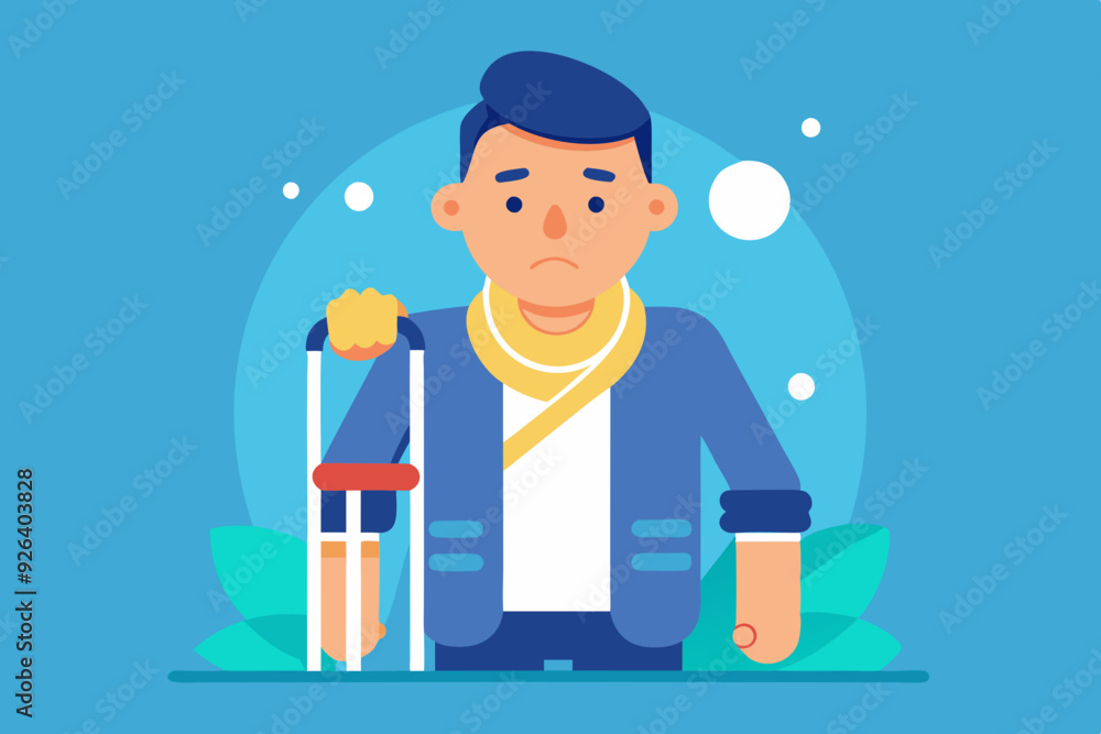 Sad and happy man with a broken arm and leg in a cast with a crutch and a fixing collar around his neck
Sad and happy man with a broken arm and leg in a cast with a crutch and a fixing collar around his neck