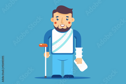 Sad and happy man with a broken arm and leg in a cast with a crutch and a fixing collar around his neck
