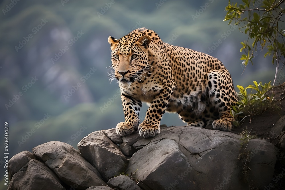 A fierce leopard perched on a rocky outcrop, its piercing eyes fixed on its prey below. A fierce leopard perched on a rocky outcrop, its piercing eyes fixed on its prey below.