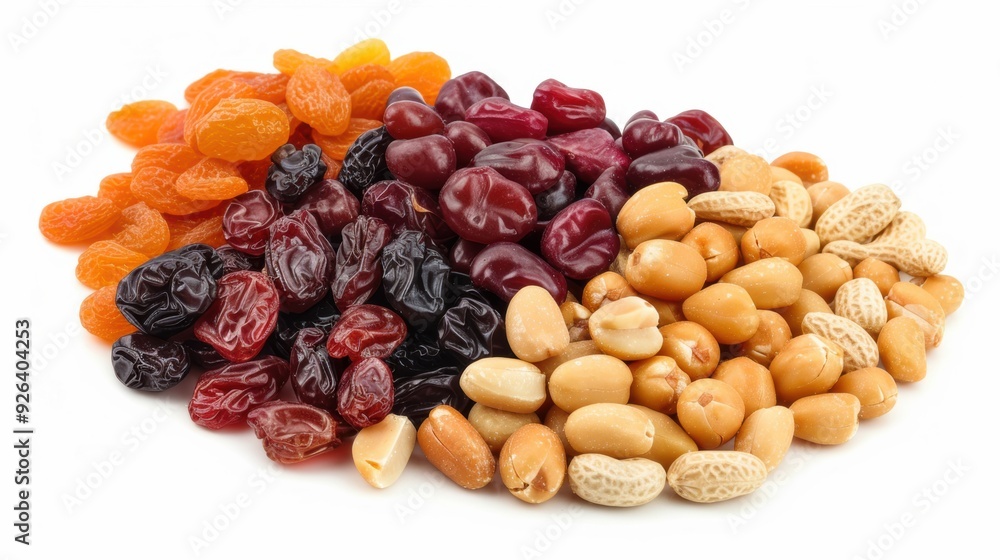 A white background features a variety of nuts and dried fruits including peanuts, almonds, raisins, and cranberries, highlighting a healthy and diverse assortment A white background features a variety of nuts and dried fruits including peanuts, almonds, raisins, and cranberries, highlighting a healthy and diverse assortment