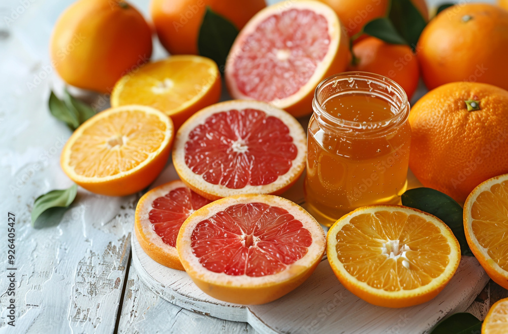 oranges and grapefruits with a honey jar on a white wooden background oranges and grapefruits with a honey jar on a white wooden background