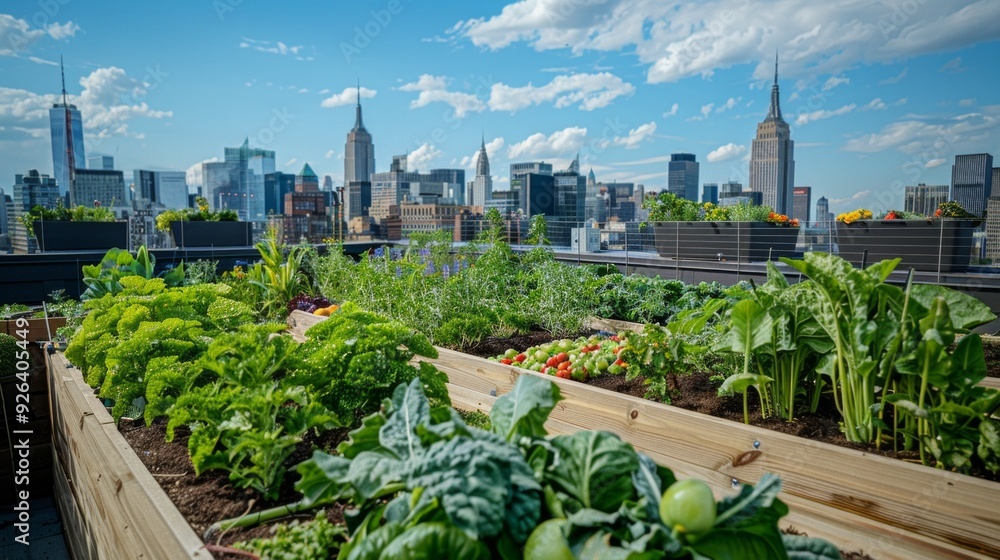A Vibrant Urban Vegetable Garden With a Skyline View in Bright Sunshine A Vibrant Urban Vegetable Garden With a Skyline View in Bright Sunshine
