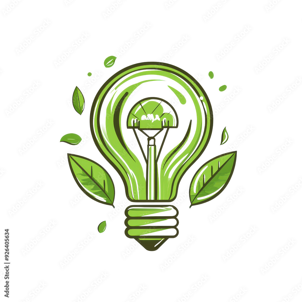 A creative illustration of a green light bulb combined with a flower and leaves, symbolizing eco-friendliness and sustainability.