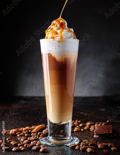 Ice cafe late with caramel and vanilia served in high glass photo