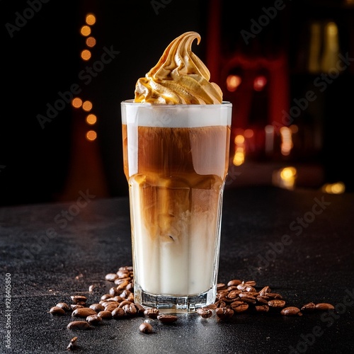 Ice cafe late with caramel and vanilia served in high glass photo