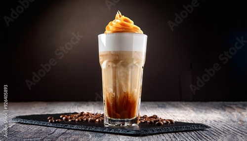 Ice cafe late with caramel and vanilia served in high glass photo