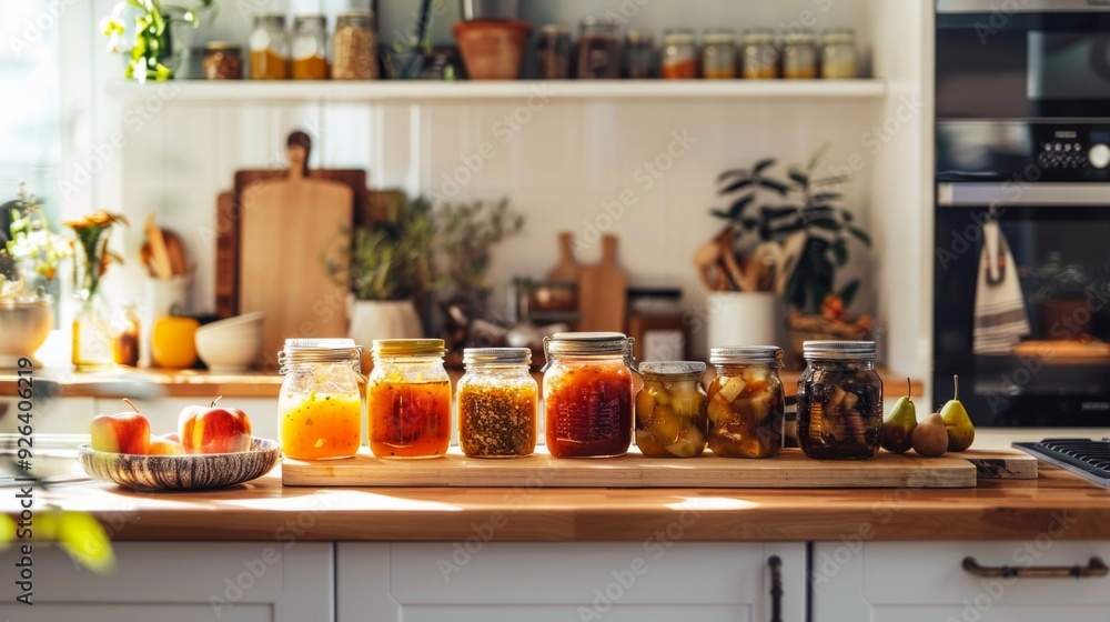 Bright Modern Kitchen With Home-Canned Jars and Fresh Produce in Afternoon Light Bright Modern Kitchen With Home-Canned Jars and Fresh Produce in Afternoon Light