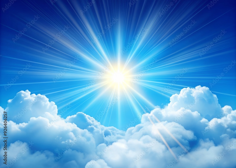 Vibrant sunny day with rays peeking through puffy white clouds on a bright blue sky background and warm glowing light for a cheerful weather icon. Vibrant sunny day with rays peeking through puffy white clouds on a bright blue sky background and warm glowing light for a cheerful weather icon.