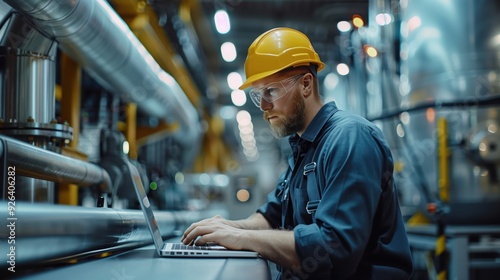 Industrial Engineer Working on Laptop in Modern Factory Wearing Safety Gear and Analyzing Data