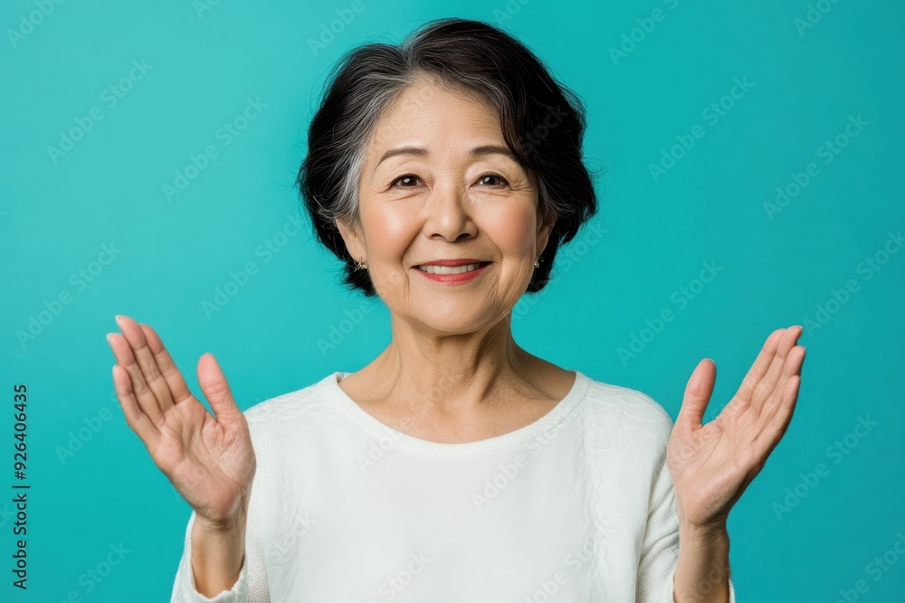 両手を広げてどっちにするかナビゲートするシニアの日本人女性(おばあさん・比較・おすすめ・PR・案内・メリット・デメリット) 両手を広げてどっちにするかナビゲートするシニアの日本人女性(おばあさん・比較・おすすめ・PR・案内・メリット・デメリット)