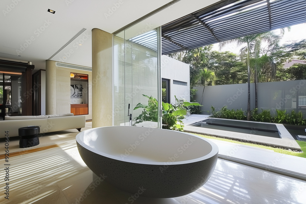 Fototapeta premium Luxury minimalist bath room, two floor high ceiling. Garden, courtyard view outside the window. Spacious modern bathtub. 