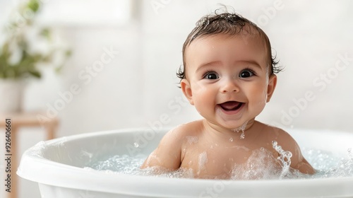 A joyful image of an infant splashing in a small tub during bath time, highlighting the sensory play and exploration that are key to early development