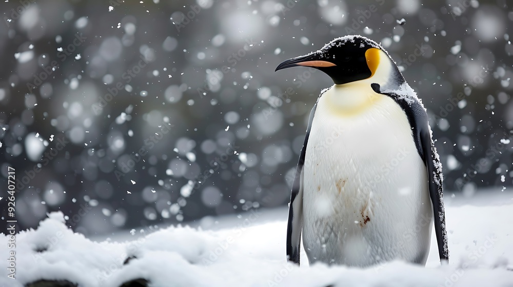 Naklejka premium Emperor penguin enjoying snowfall