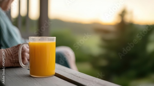 A serene scene of an elderly person sitting on a porch, enjoying a cup of fortified orange juice, symbolizing the importance of vitamin D and calcium for bone health