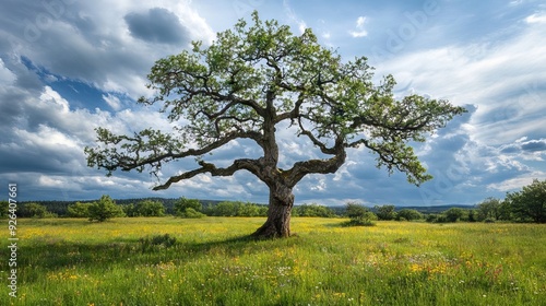 An Ancient Oak Tree Stands Majestically in a Vast Meadow, Branches Twisted Under a Cloudy Sky with Wildflowers Across the Grass. AI generated illustration