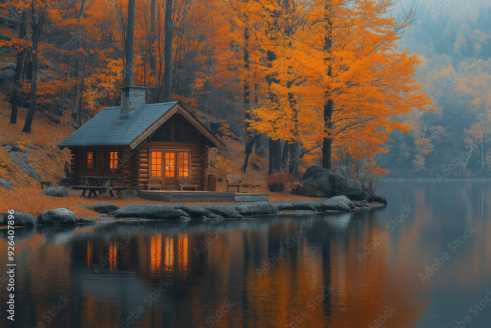 Fototapeta premium Log Cabin on Lakeshore in Autumn Morning