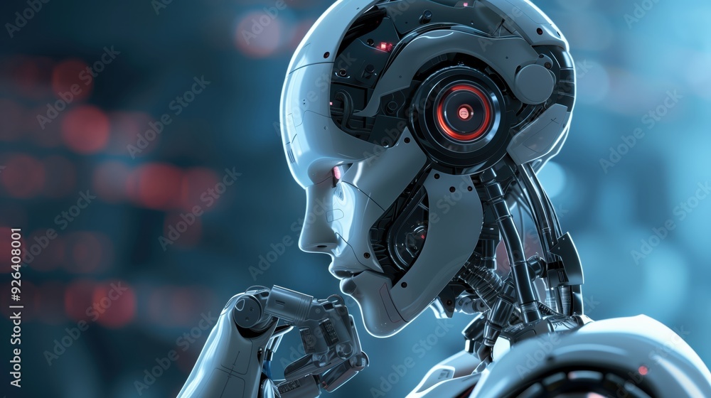 Fototapeta premium Futuristic Robot Design Featuring a Thoughtful Mechanical Assistant with Advanced Technology Background