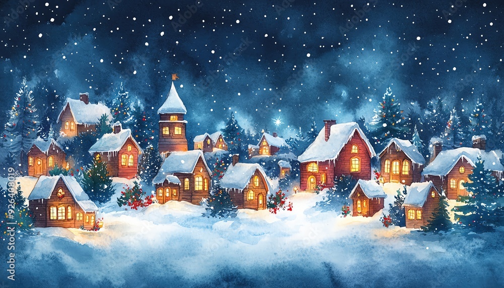 Naklejka premium A whimsical watercolor illustration of a Christmas village with tiny houses, decorated with lights, and snowcovered roofs, creating a magical holiday scene high detailed