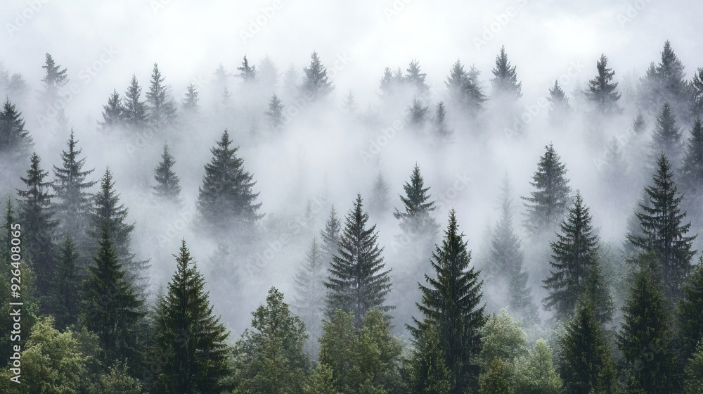 Dense Fog Enveloping a Pine Forest with Only the Tops of the Tallest Trees Visible Through the Mist, Creating a Mysterious Atmosphere. AI generated illustration Dense Fog Enveloping a Pine Forest with Only the Tops of the Tallest Trees Visible Through the Mist, Creating a Mysterious Atmosphere. AI generated illustration