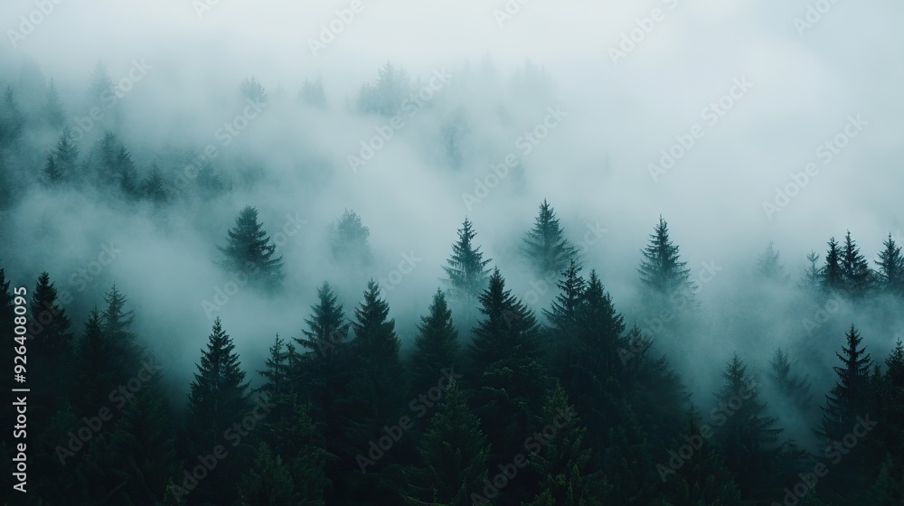 Dense Fog Enveloping a Pine Forest with Only the Tops of the Tallest Trees Visible Through the Mist, Creating a Mysterious Atmosphere. AI generated illustration Dense Fog Enveloping a Pine Forest with Only the Tops of the Tallest Trees Visible Through the Mist, Creating a Mysterious Atmosphere. AI generated illustration