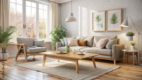 warm inviting Scandi-inspired living room with smart coffee table and minimalist wooden accents in soft pastel colors and natural light